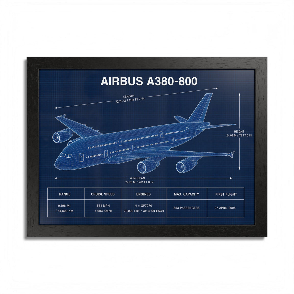Airbus A380-800 framed blueprint poster, 16 x 12 inch black frame