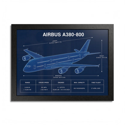 Airbus A380-800 framed blueprint poster, 16 x 12 inch black frame