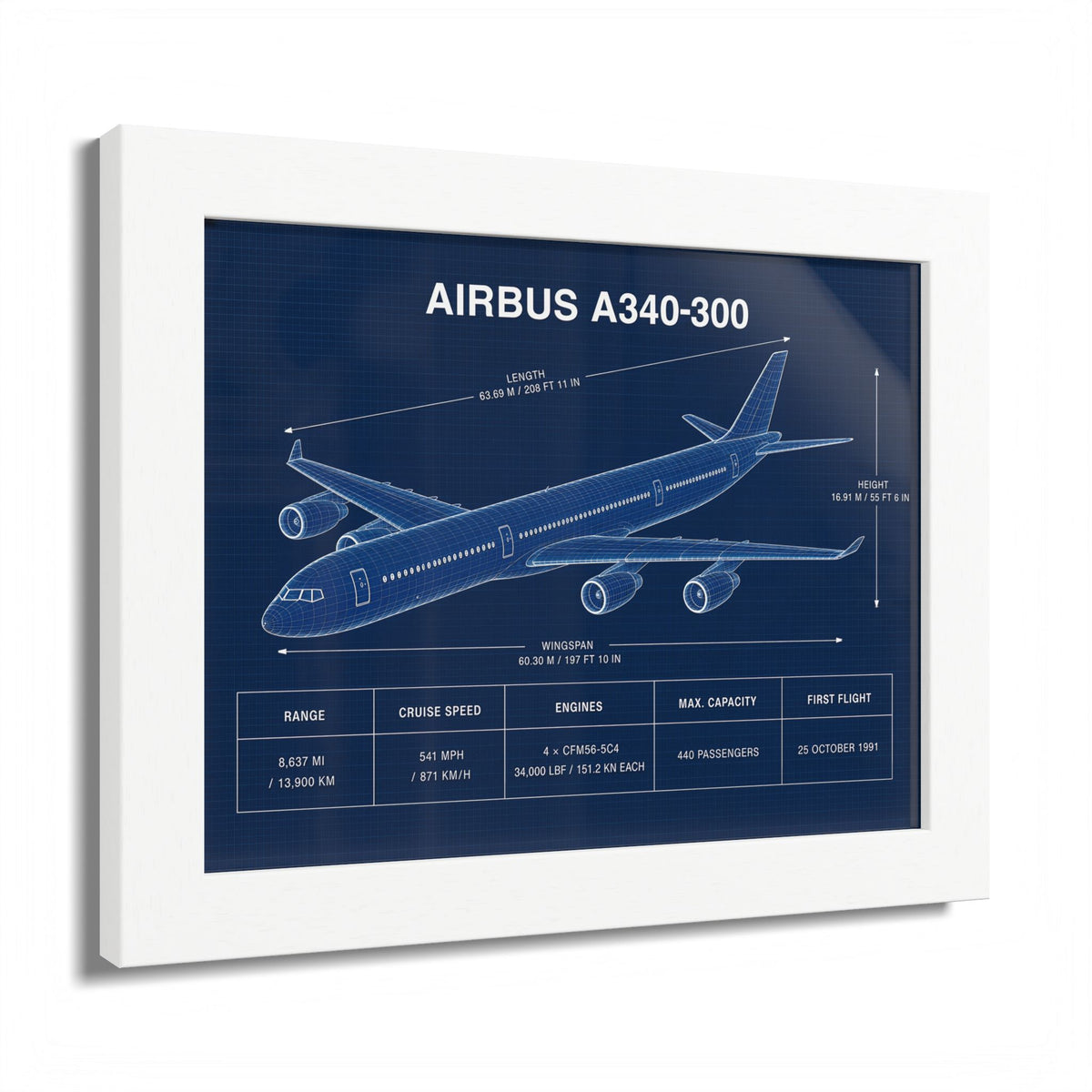 Airbus A340-300 framed blueprint poster, aviation wall art