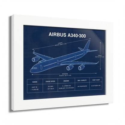 Airbus A340-300 framed blueprint poster, aviation wall art