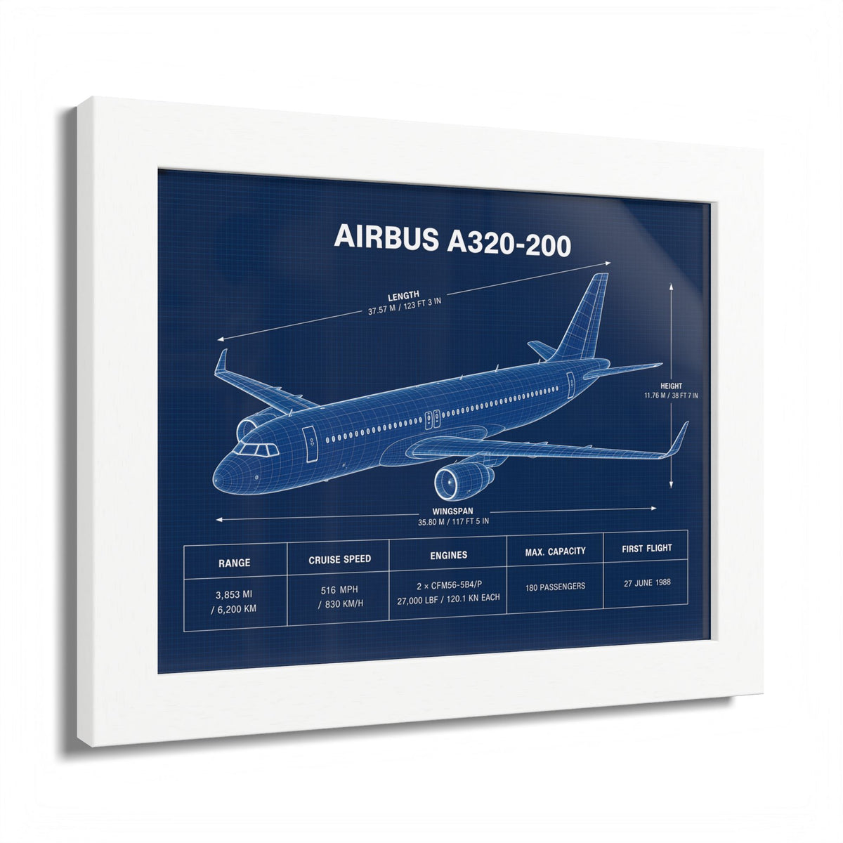 Airbus A320-200 framed blueprint poster, aviation wall art