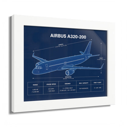Airbus A320-200 framed blueprint poster, aviation wall art