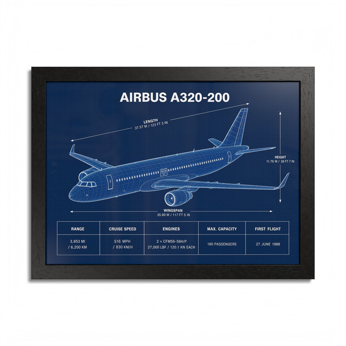 Airbus A320-200 framed blueprint poster, 16 x 12 inch black frame