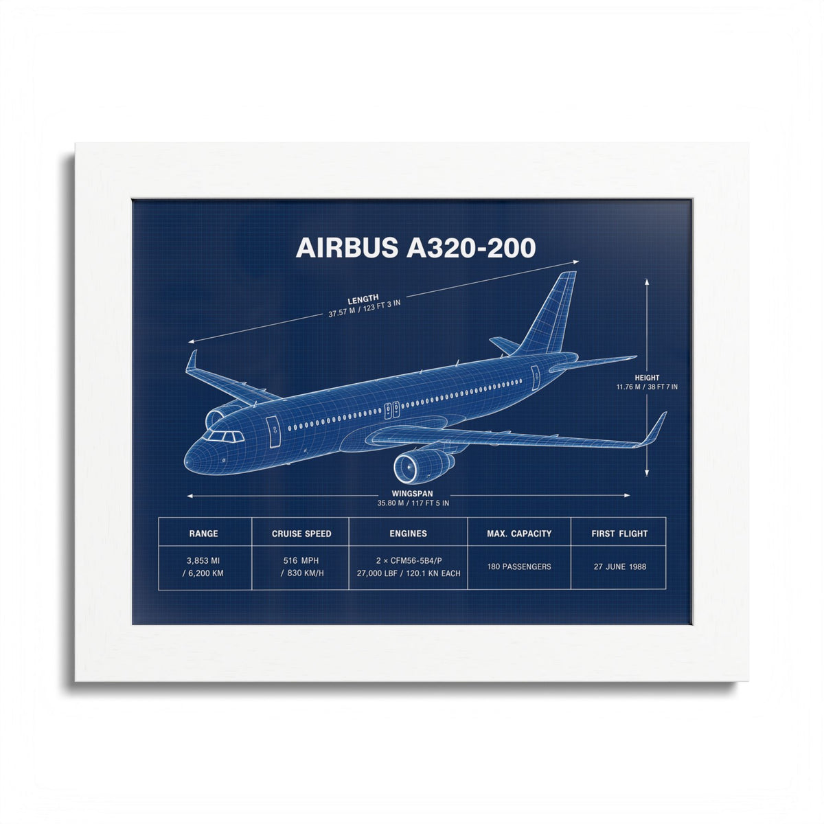 Airbus A320-200 framed blueprint poster, 10 x 8 inch white frame