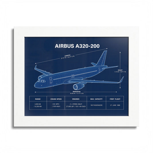 Airbus A320-200 framed blueprint poster, 10 x 8 inch white frame