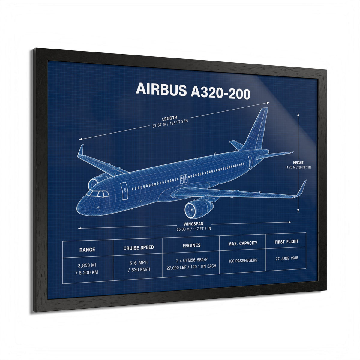 Airbus A320-200 framed technical aircraft illustration