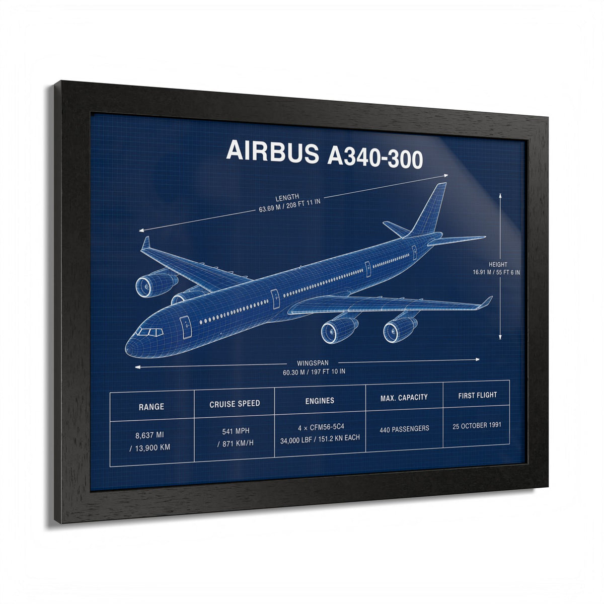 Framed aviation print featuring the Airbus A340-300