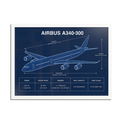 Airbus A340-300 framed blueprint poster, 24 x 18 inch white frame