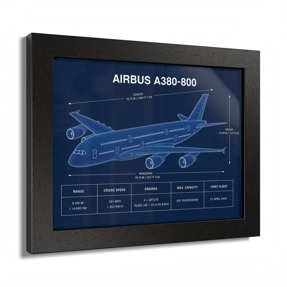 Framed Airbus A380-800 blueprint-style aviation poster