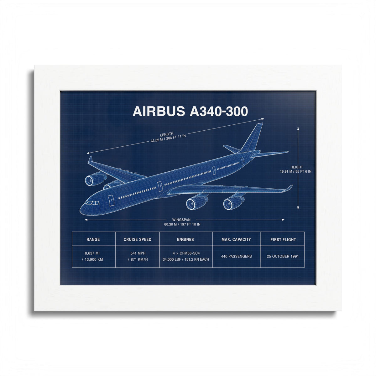 Airbus A340-300 framed blueprint poster, 10 x 8 inch white frame
