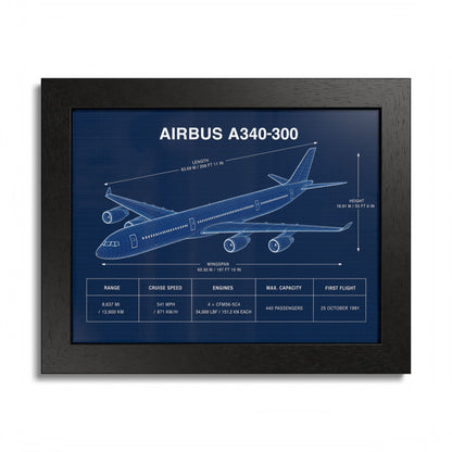 Airbus A340-300 framed blueprint poster, 10 x 8 inch black frame