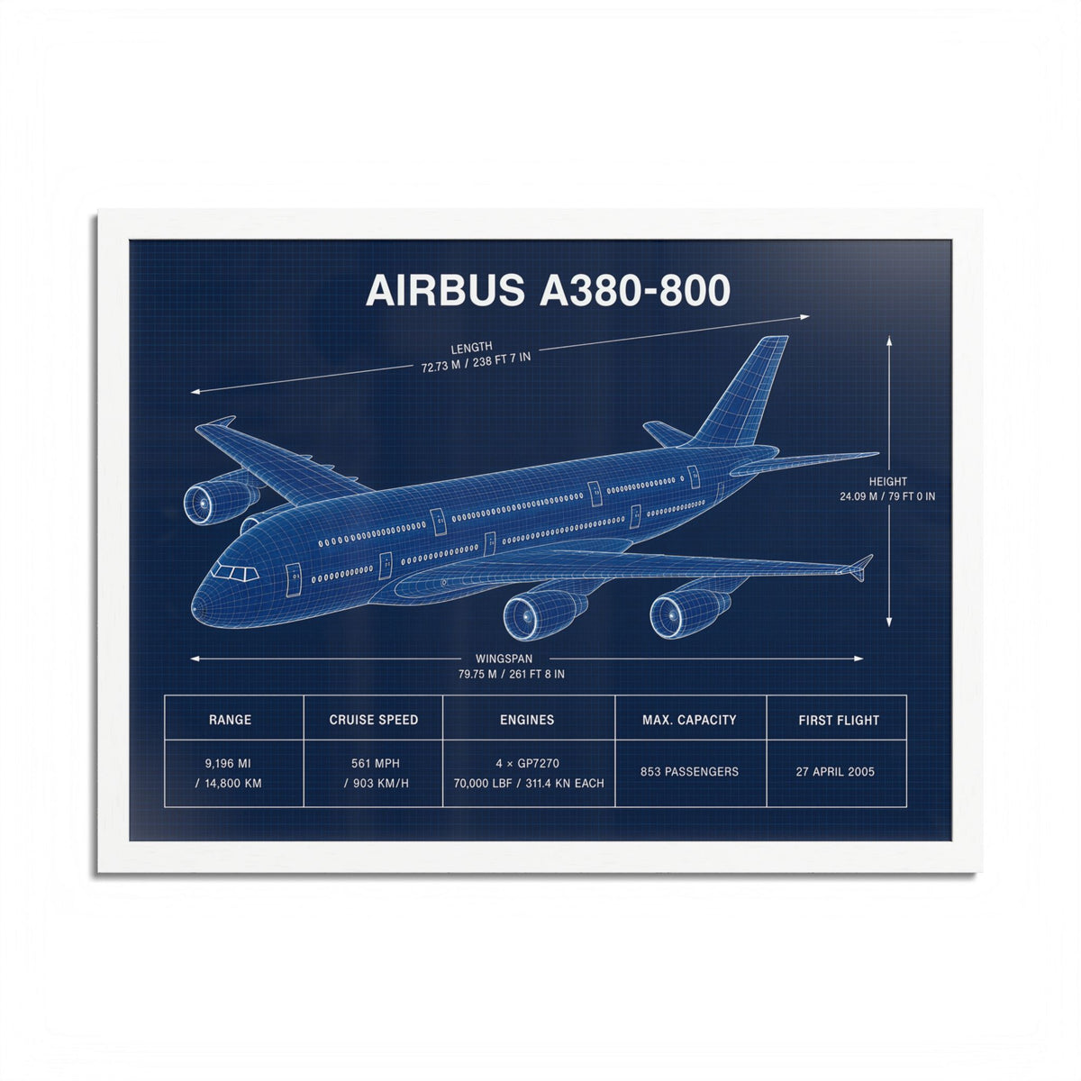 Airbus A380-800 framed blueprint poster, 24 x 18 inch white frame