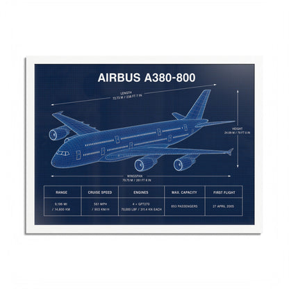 Airbus A380-800 framed blueprint poster, 24 x 18 inch white frame