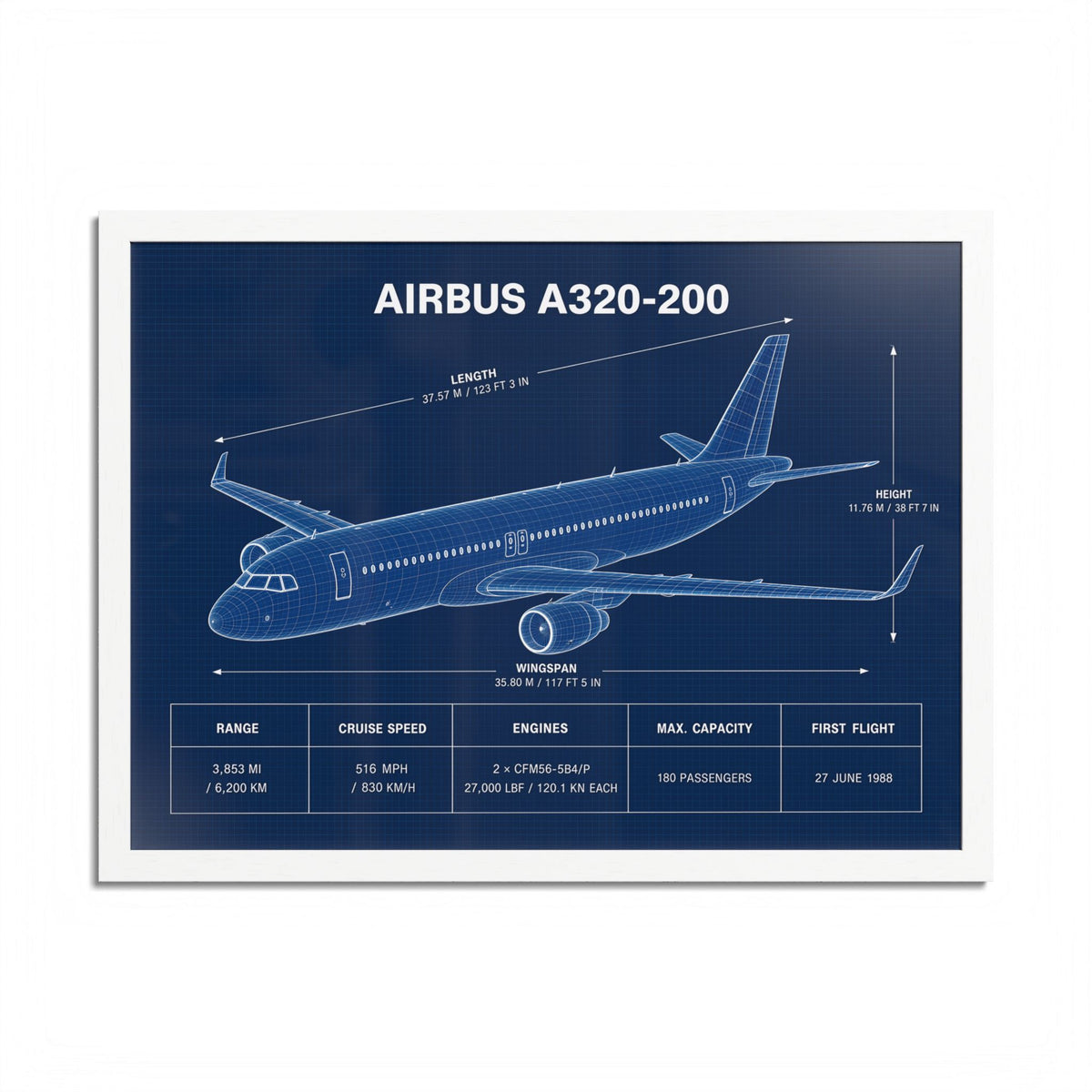Airbus A320-200 framed blueprint poster, 24 x 18 inch white frame
