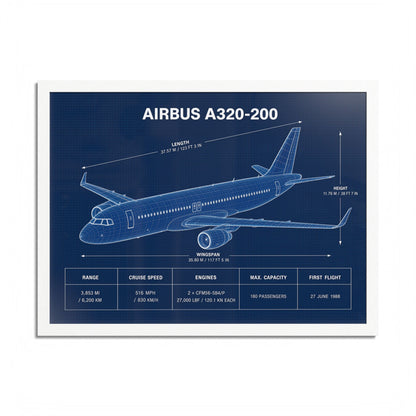 Airbus A320-200 framed blueprint poster, 24 x 18 inch white frame