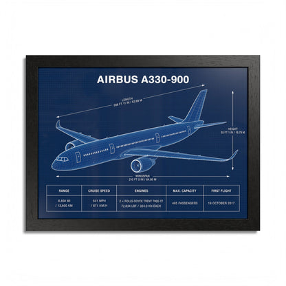 Airbus A330-900 framed blueprint poster, 16 x 12 inch black frame
