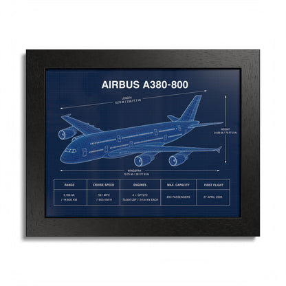 Airbus A380-800 framed blueprint poster, 10 x 8 inch black frame