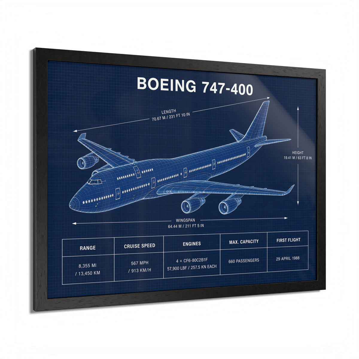 Boeing 747-400 framed technical aircraft illustration