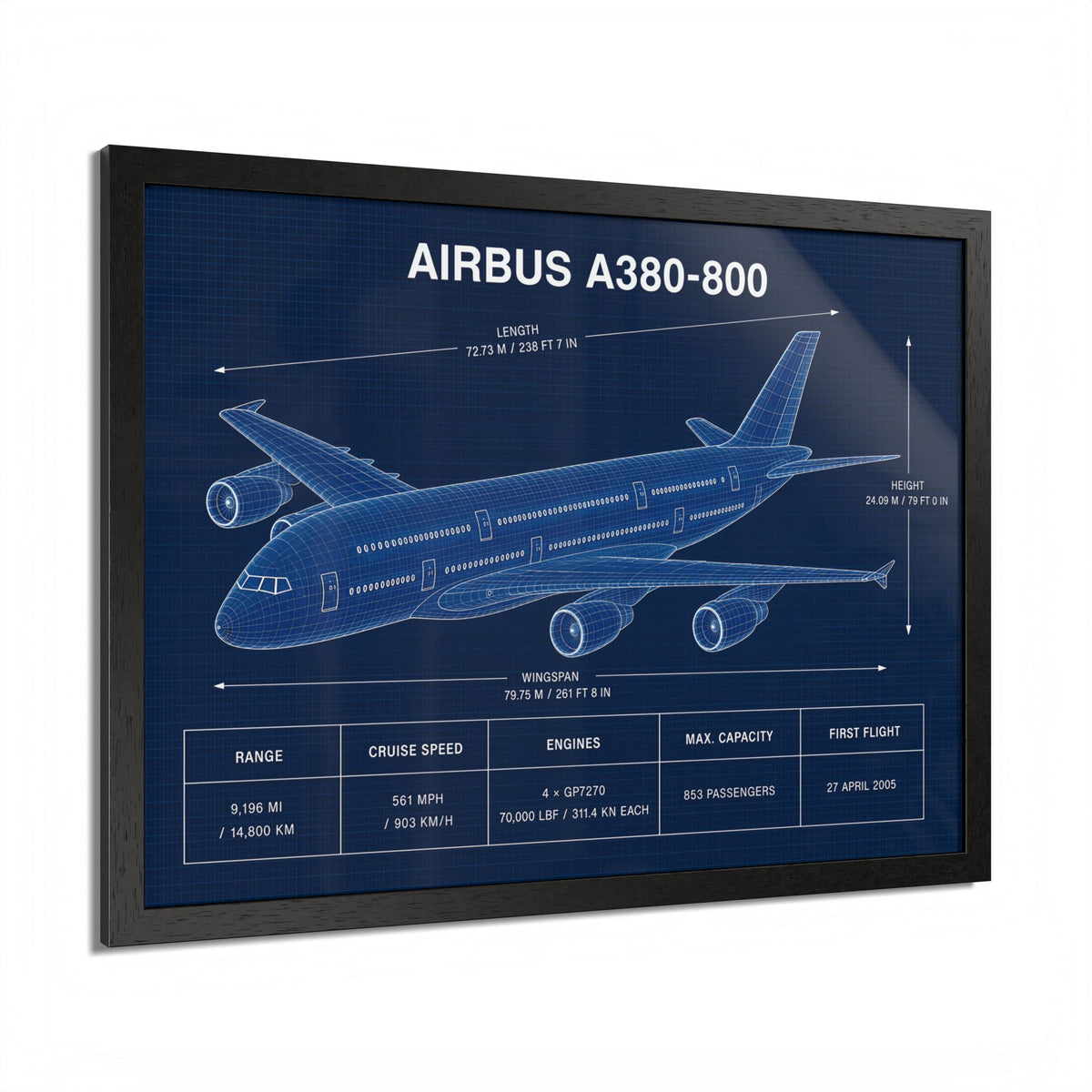 Airbus A380-800 framed technical aircraft illustration