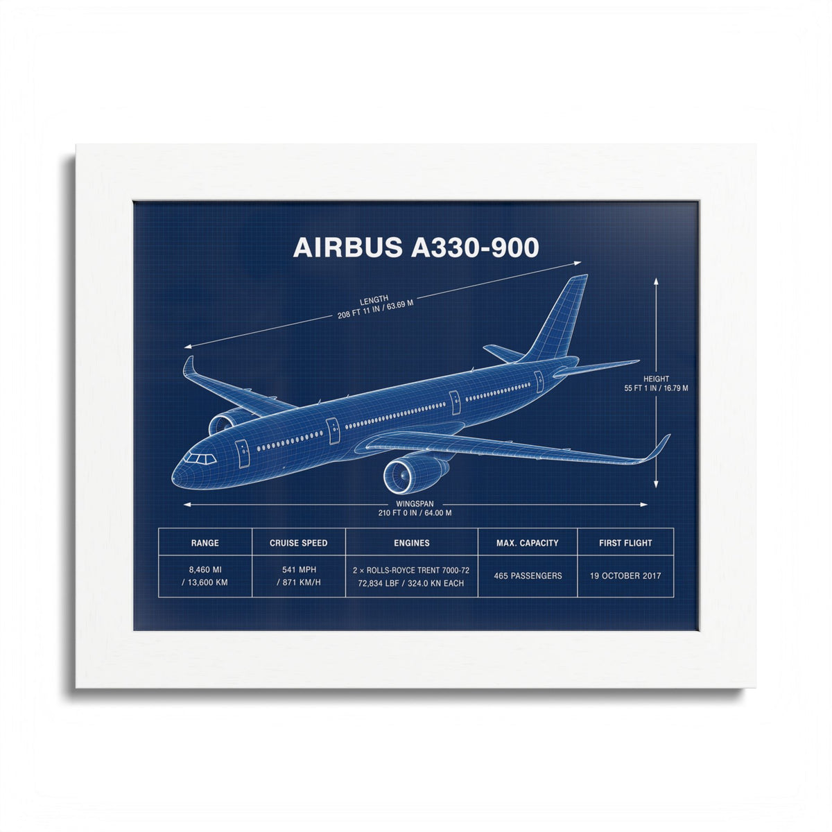 Airbus A330-900 framed blueprint poster, 10 x 8 inch white frame