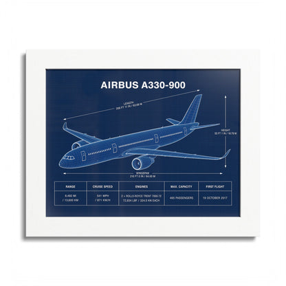 Airbus A330-900 framed blueprint poster, 10 x 8 inch white frame