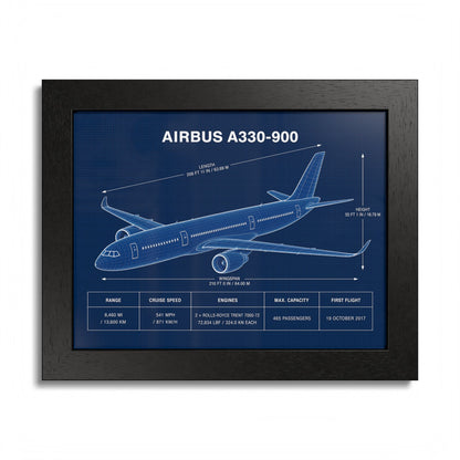 Airbus A330-900 framed blueprint poster, 10 x 8 inch black frame