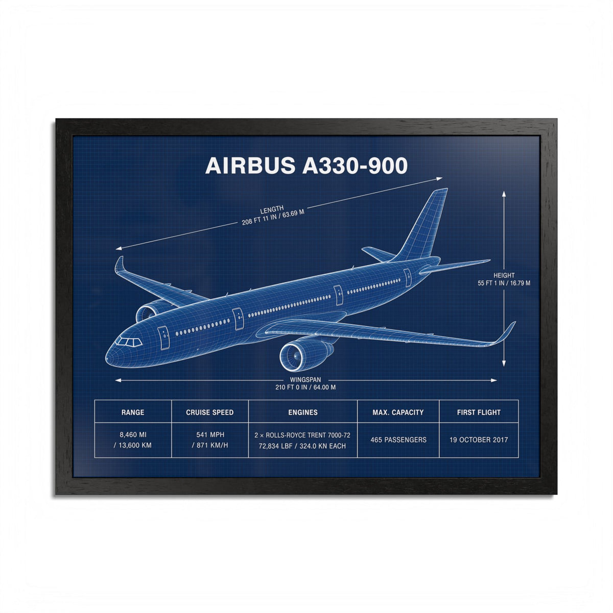 Airbus A330-900 framed blueprint poster, 24 x 18 inch black frame