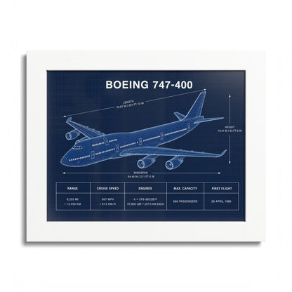 Boeing 747-400 framed blueprint poster, 10 x 8 inch white frame