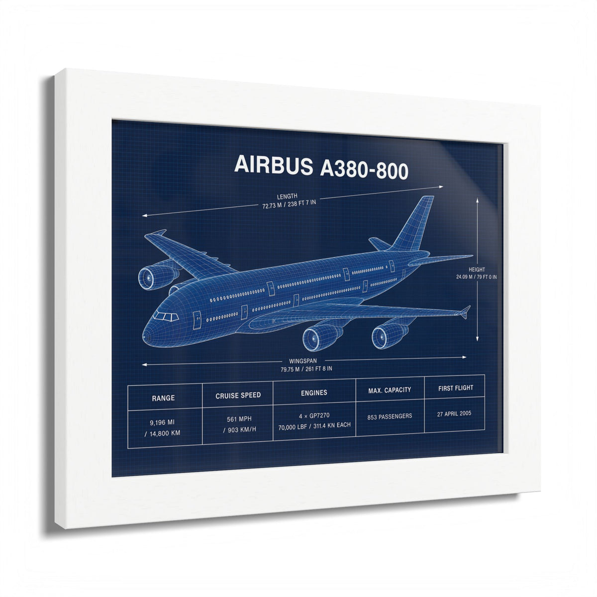 Airbus A380-800 framed blueprint poster, aviation wall art