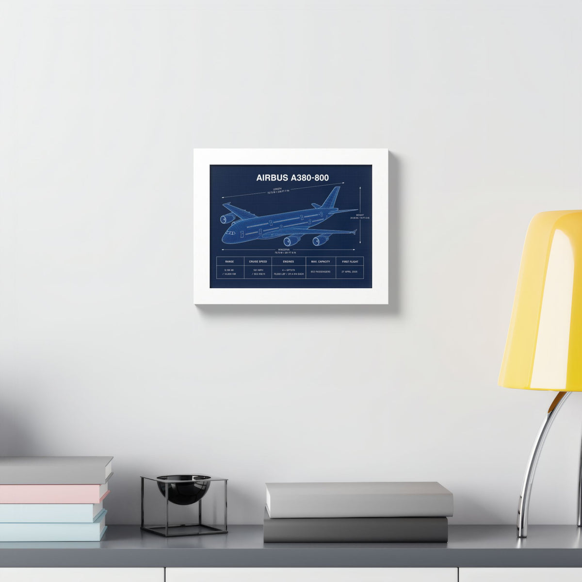 Airbus A380-800 aircraft blueprint print in a wooden frame