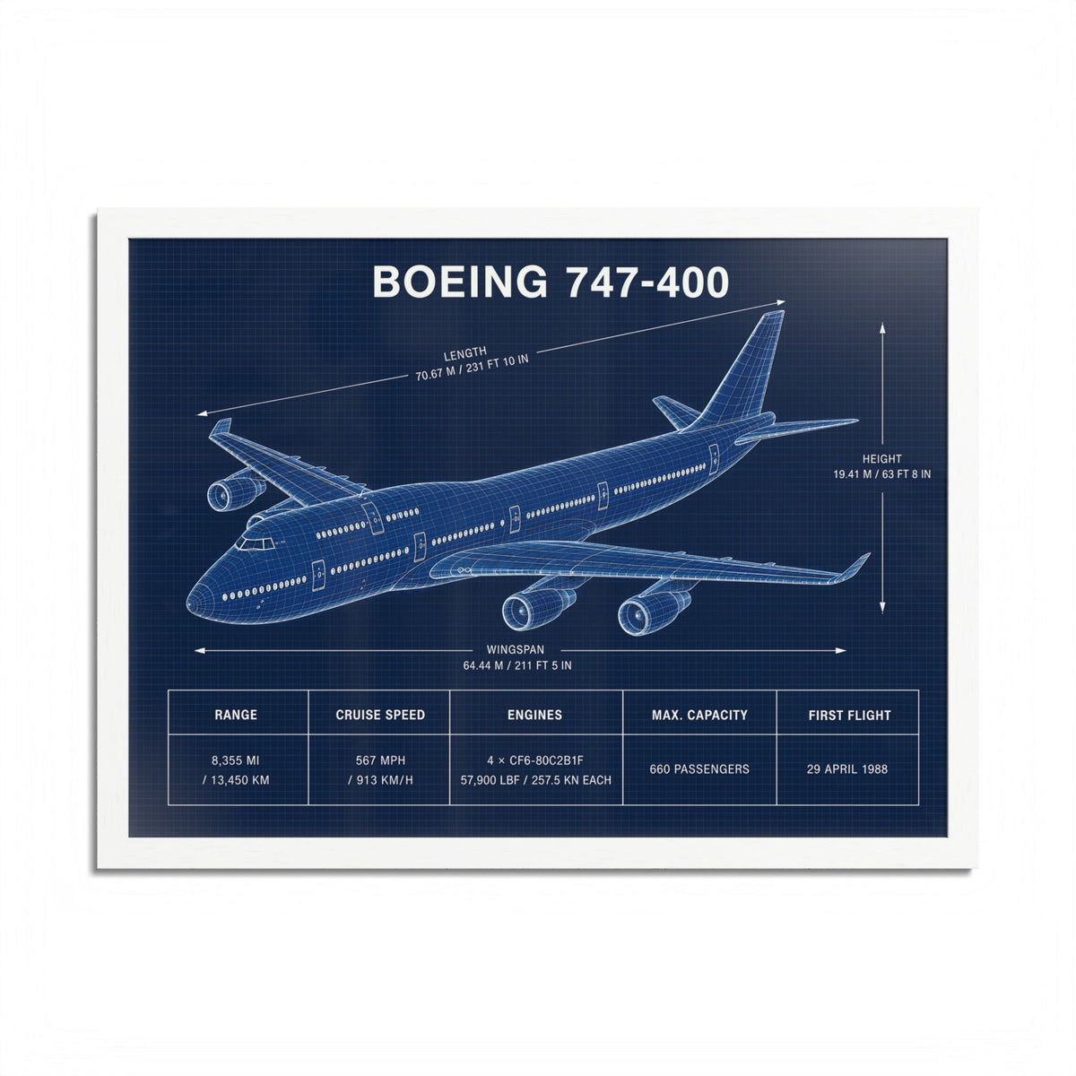 Boeing 747-400 framed blueprint poster, 24 x 18 inch white frame