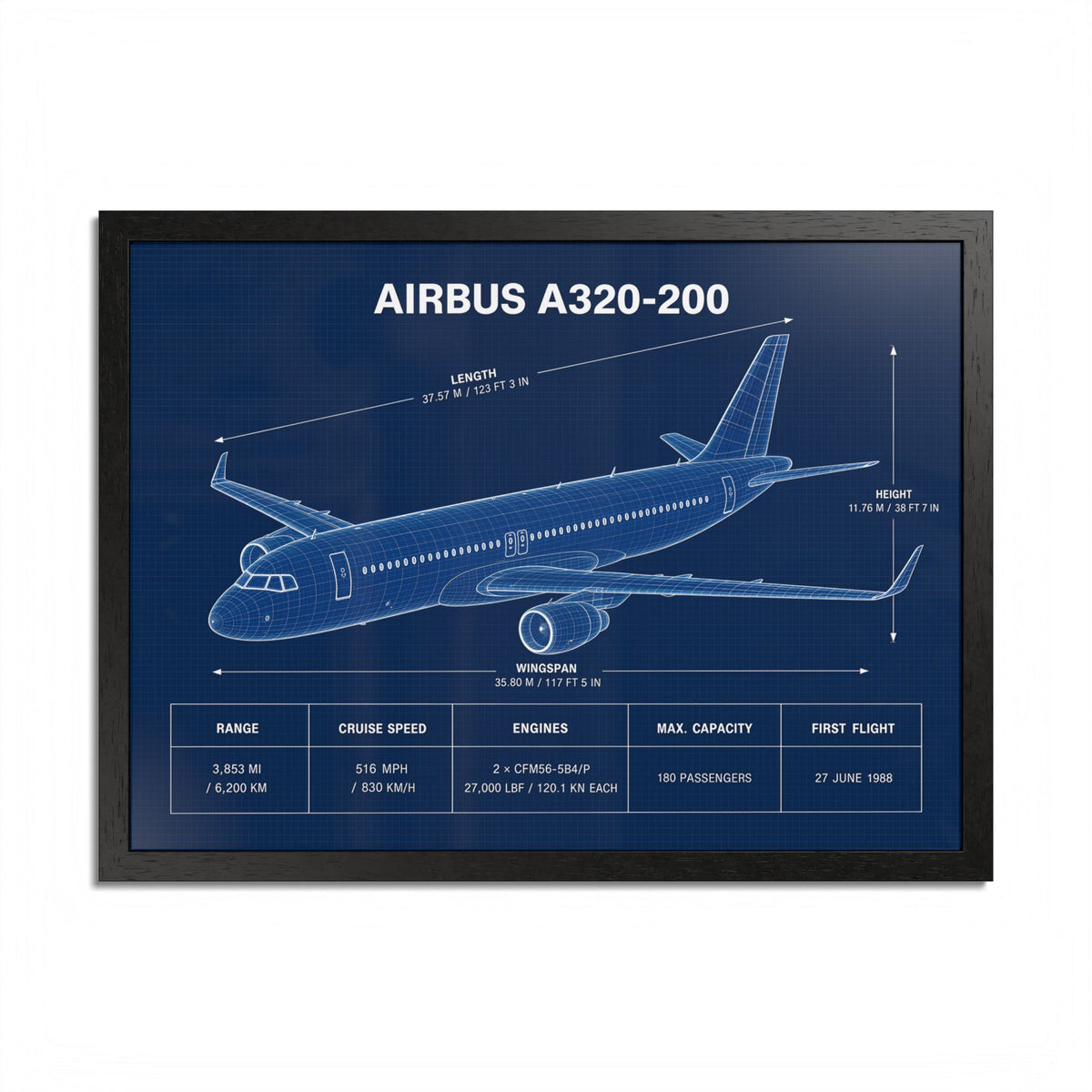 Airbus A320-200 framed blueprint poster, 24 x 18 inch black frame