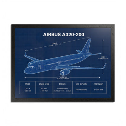 Airbus A320-200 framed blueprint poster, 24 x 18 inch black frame