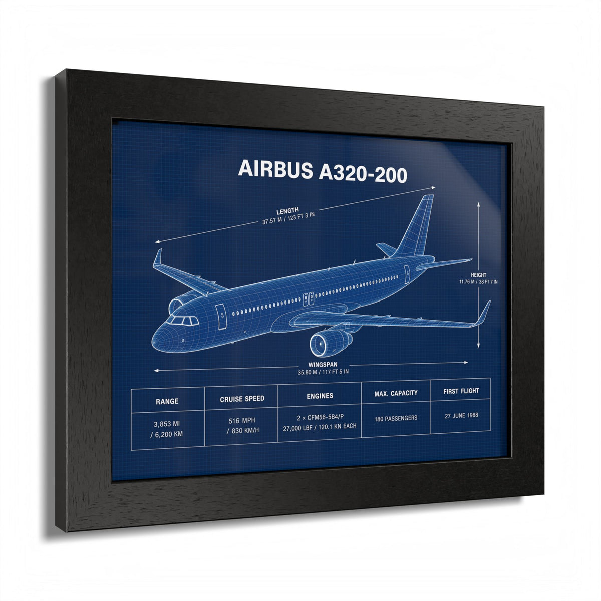 Framed Airbus A320-200 blueprint-style aviation poster