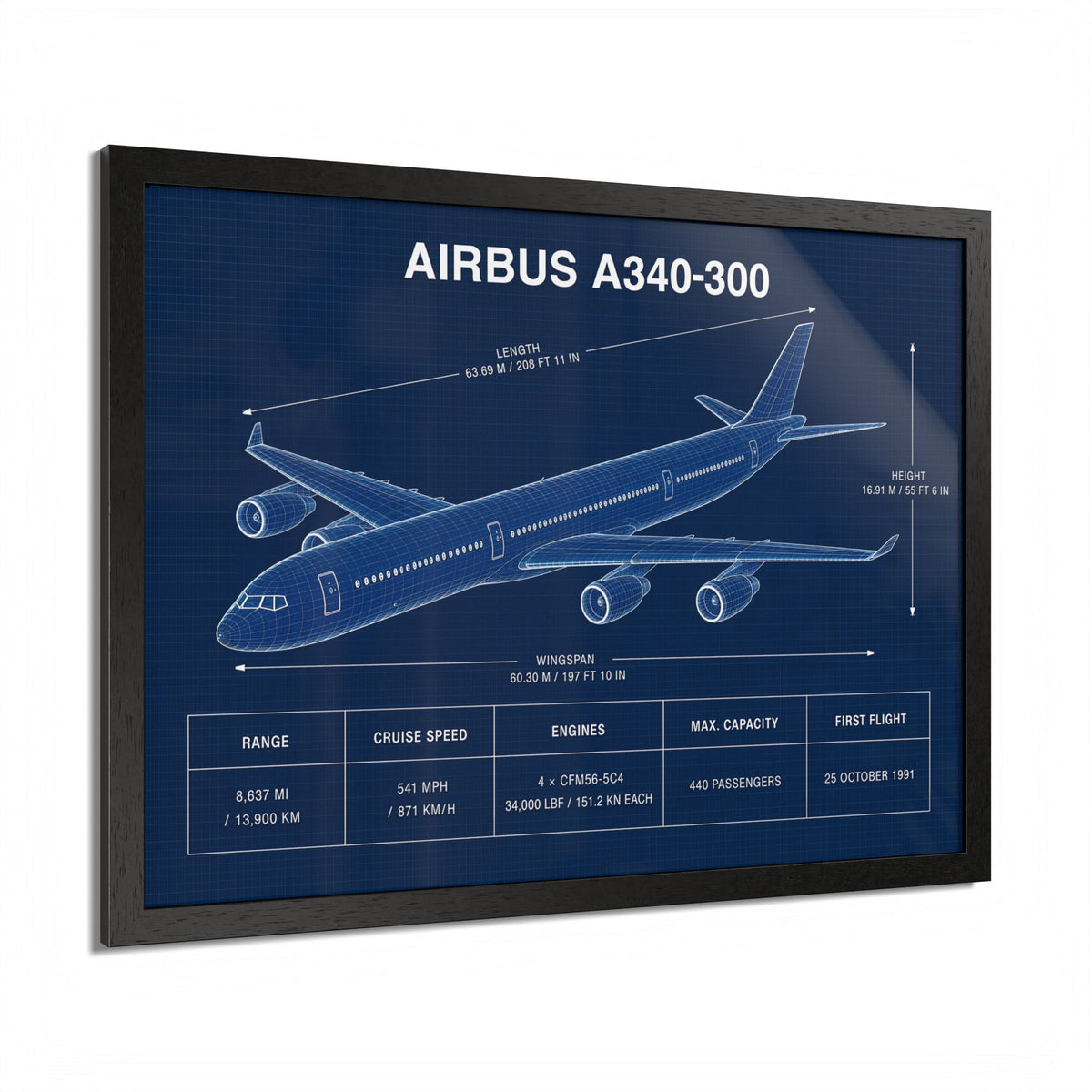 Airbus A340-300 framed technical aircraft illustration