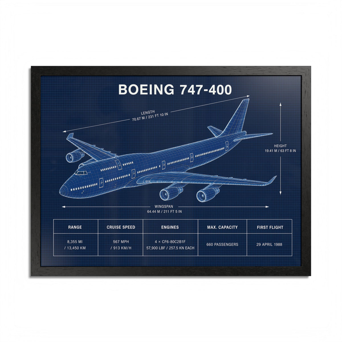 Boeing 747-400 framed blueprint poster, 24 x 18 inch black frame