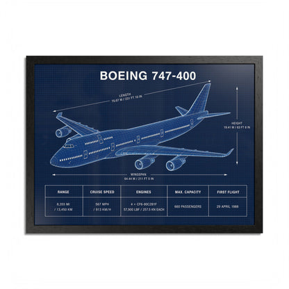 Boeing 747-400 framed blueprint poster, 24 x 18 inch black frame