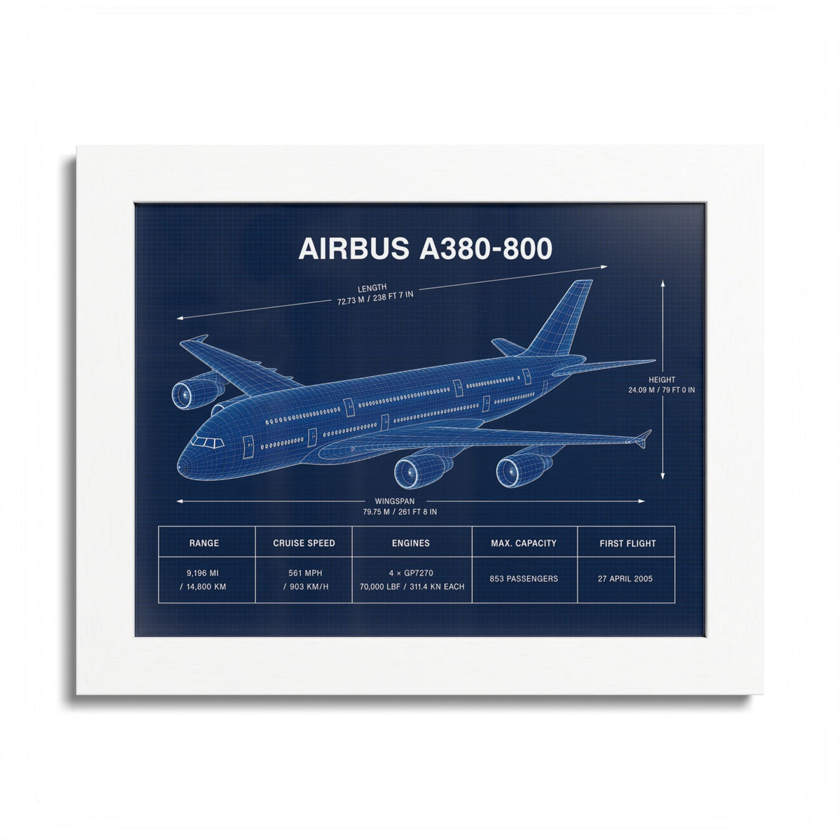 Airbus A380-800 framed blueprint poster, 10 x 8 inch white frame
