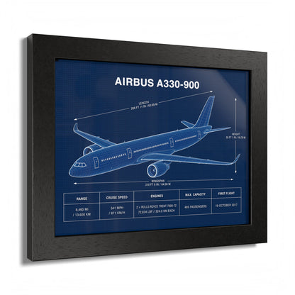 Framed Airbus A330-900 blueprint-style aviation poster