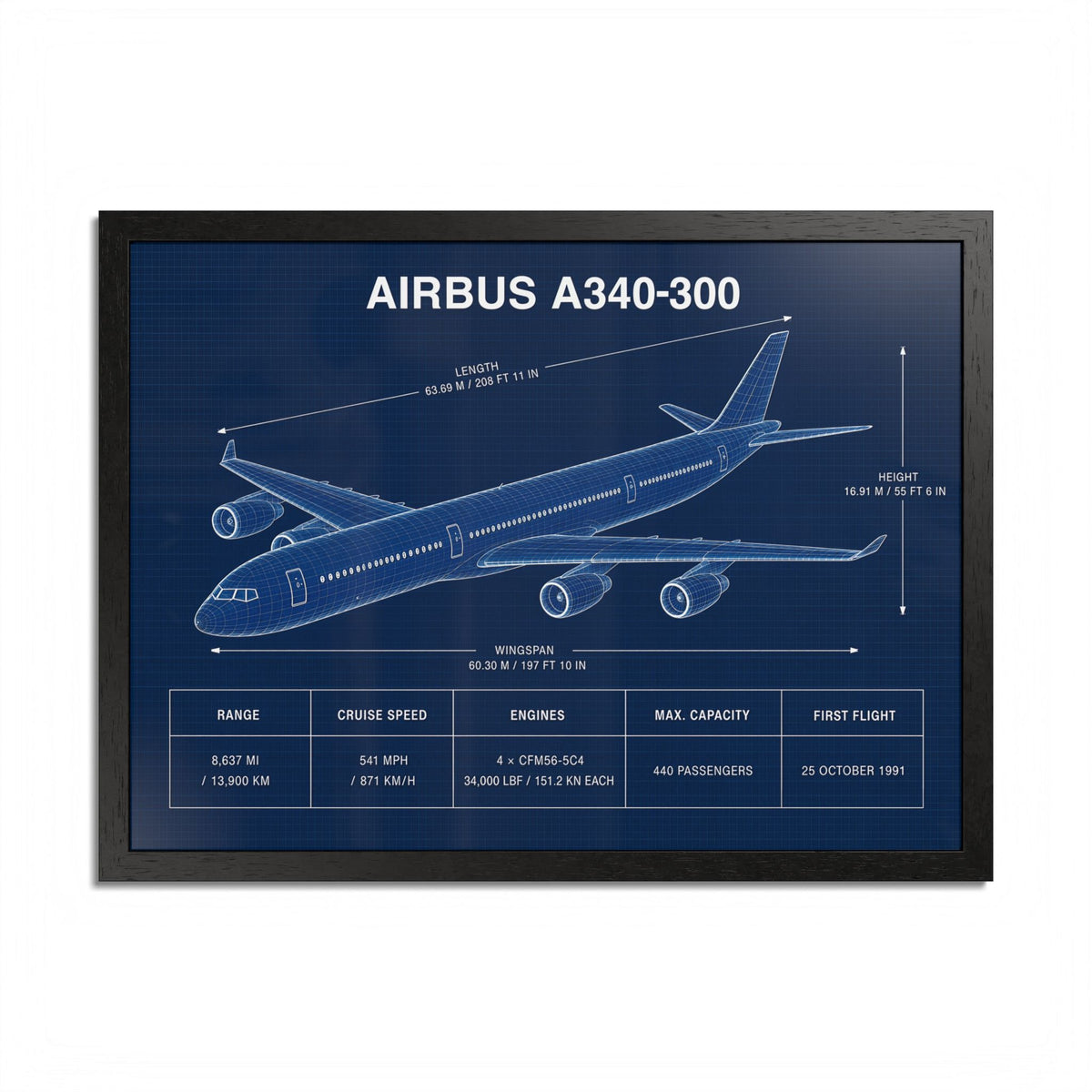 Airbus A340-300 framed blueprint poster, 24 x 18 inch black frame