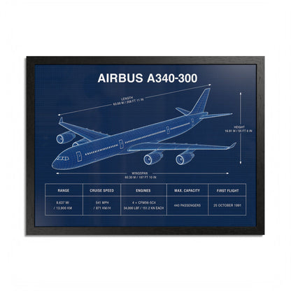 Airbus A340-300 framed blueprint poster, 24 x 18 inch black frame