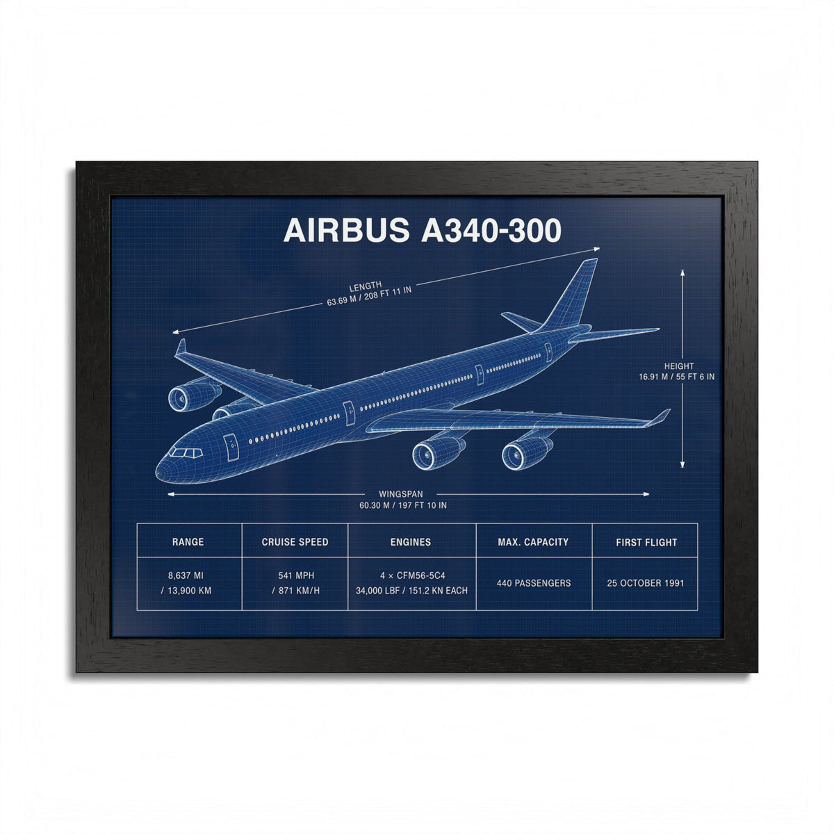 Airbus A340-300 framed blueprint poster, 16 x 12 inch black frame