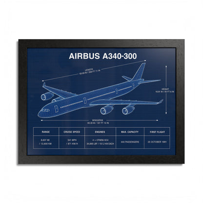 Airbus A340-300 framed blueprint poster, 16 x 12 inch black frame