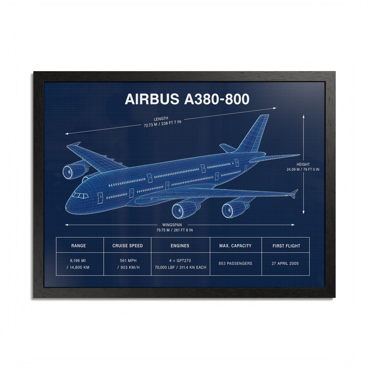 Airbus A380-800 framed blueprint poster, 24 x 18 inch black frame
