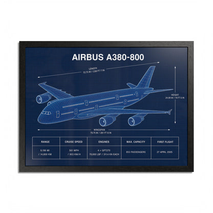 Airbus A380-800 framed blueprint poster, 24 x 18 inch black frame