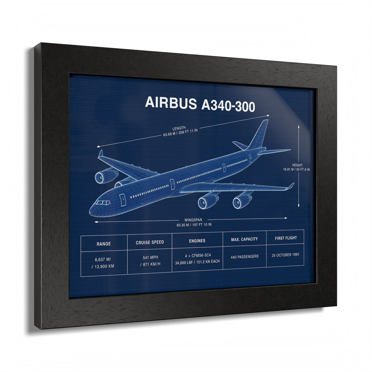 Framed Airbus A340-300 blueprint-style aviation poster