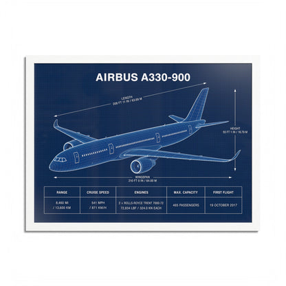 Airbus A330-900 framed blueprint poster, 24 x 18 inch white frame