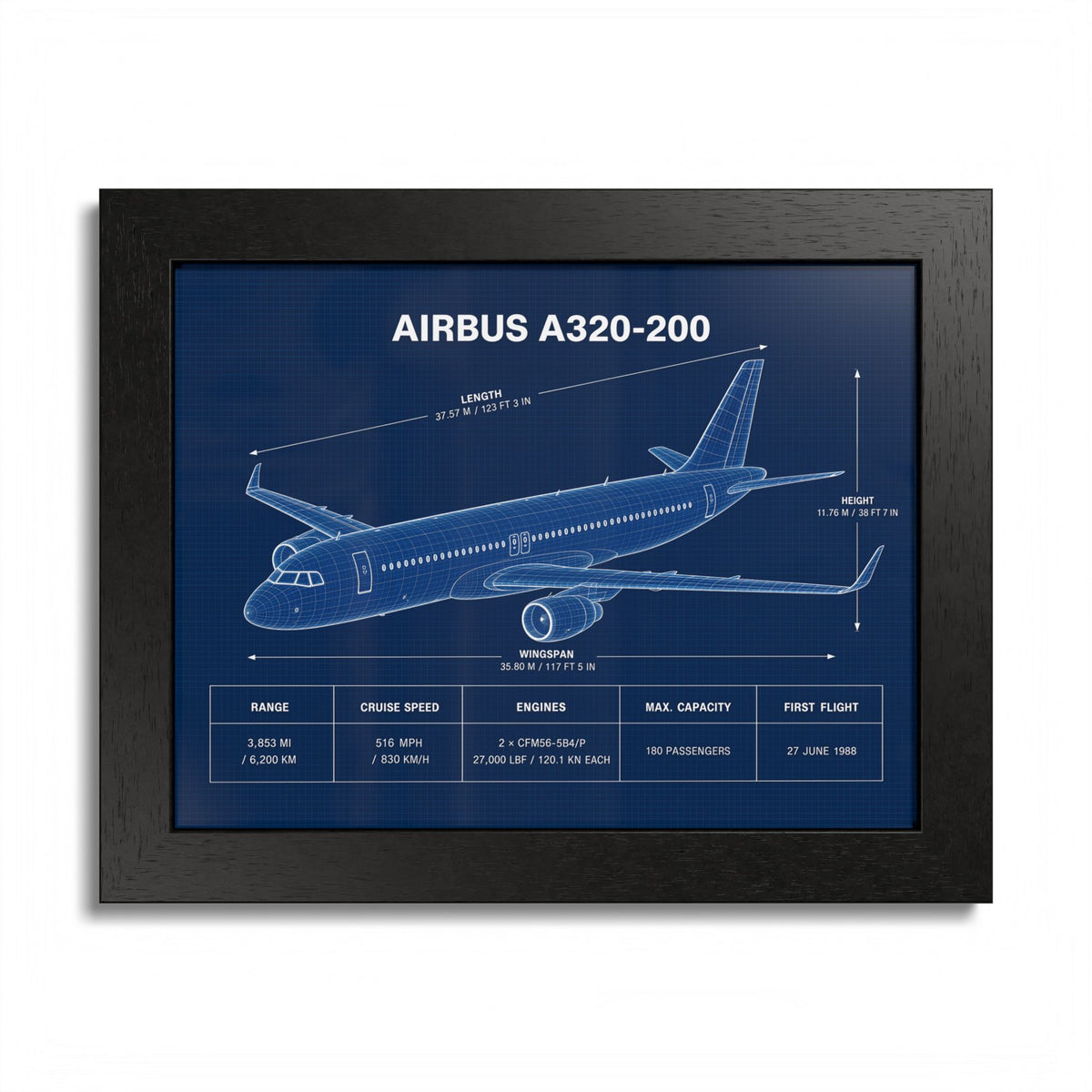 Airbus A320-200 framed blueprint poster, 10 x 8 inch black frame