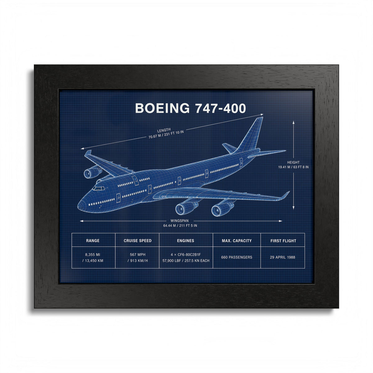 Boeing 747-400 framed blueprint poster, 10 x 8 inch black frame
